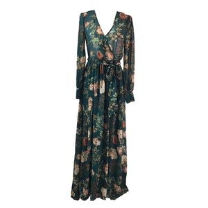 Hunter Green Floral Print Chiffon Wrap Maxi Dress